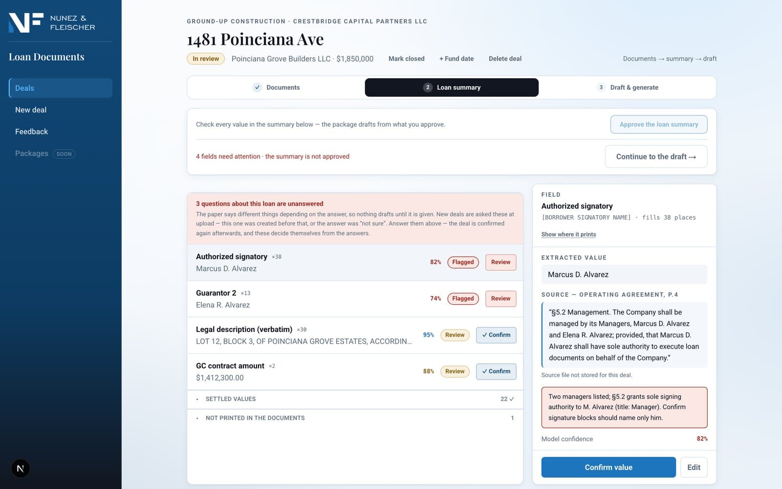 The closing engine's review screen: each extracted value with its confidence, next to the source paragraph it was read from